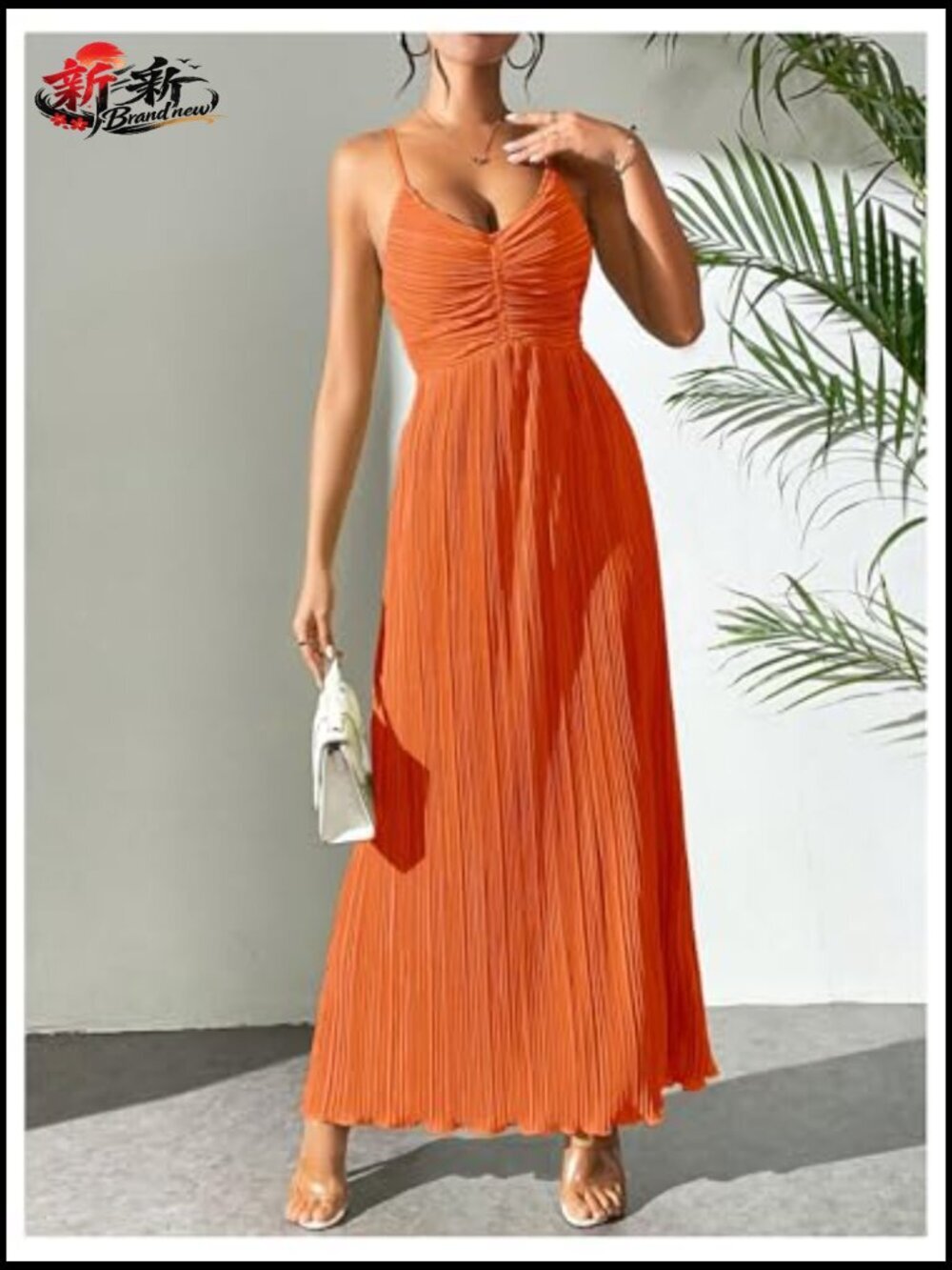 Textured V Neck Sundress Tie Back Spaghetti Strap Pleated A Line Beach Long - Picture 3 of 6